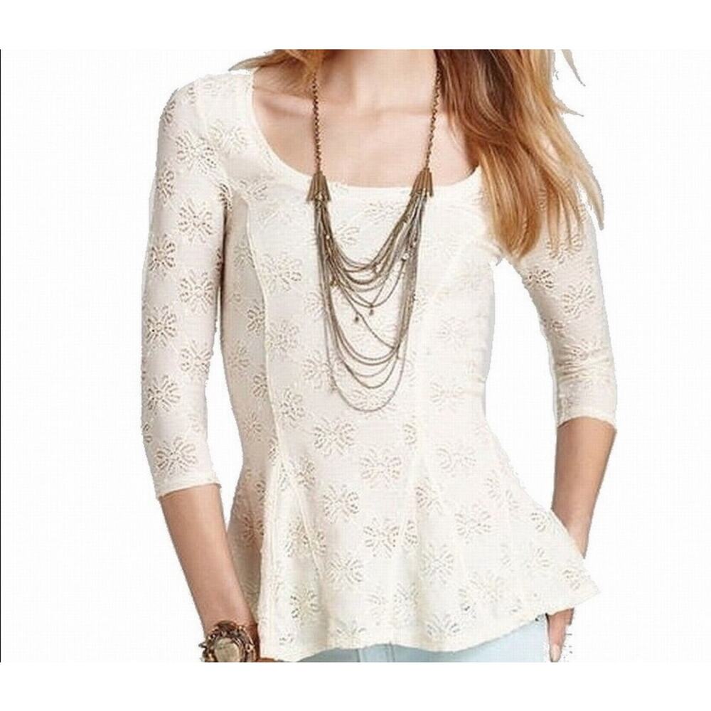 Free People Ivory Lace Tunic Top Medium Floral Sheer Long Sleeve Boho Festival